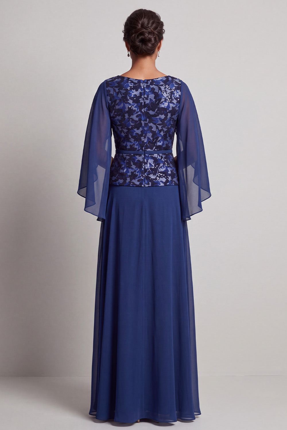 Navy Sheath Round Neck Floral Chiffon Long Mother of the Bride Dress with Sleeves