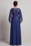 Navy Sheath Round Neck Floral Chiffon Long Mother of the Bride Dress with Sleeves