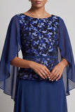 Navy Sheath Round Neck Floral Chiffon Long Mother of the Bride Dress with Sleeves