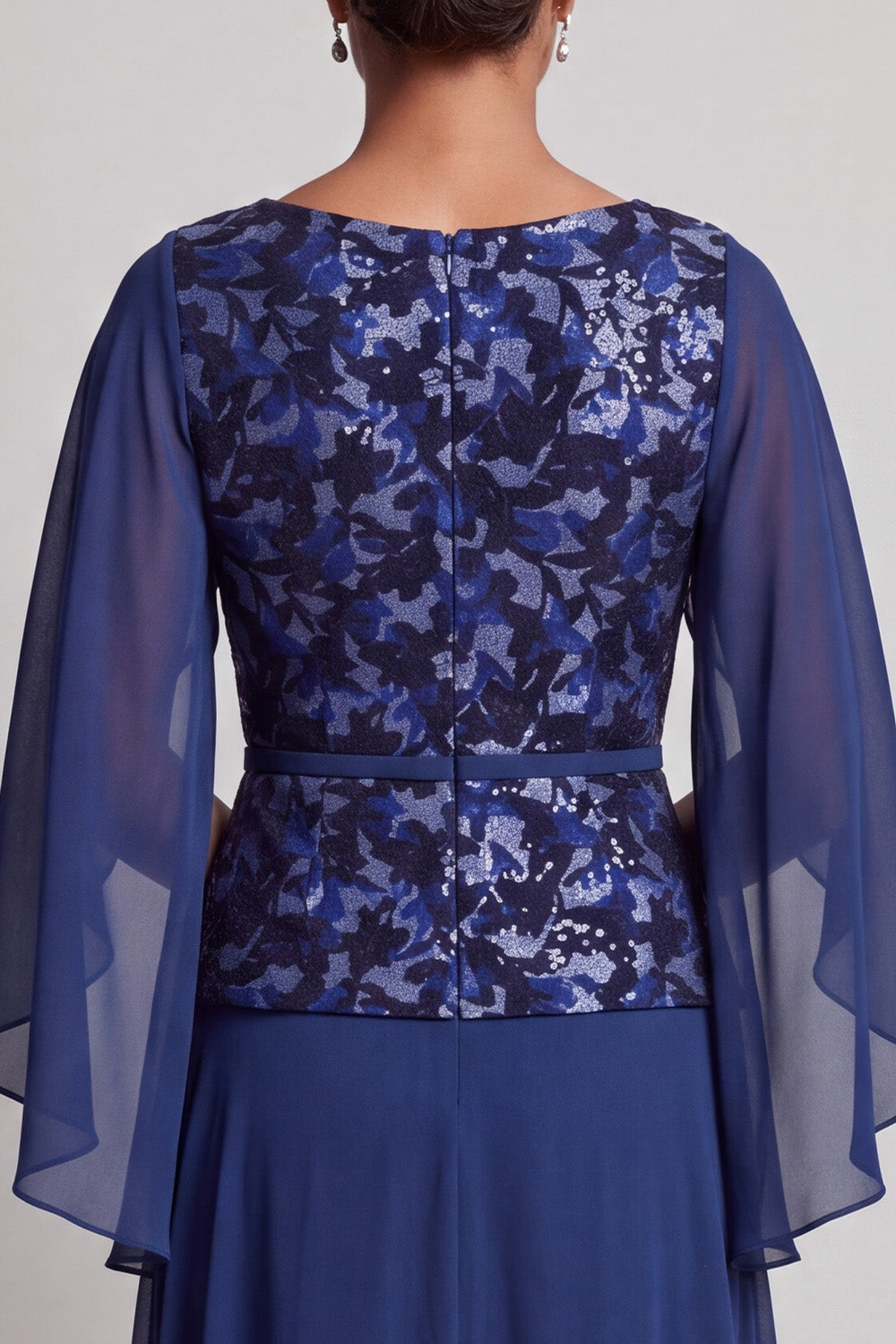 Navy Sheath Round Neck Floral Chiffon Long Mother of the Bride Dress with Sleeves