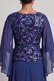 Navy Sheath Round Neck Floral Chiffon Long Mother of the Bride Dress with Sleeves