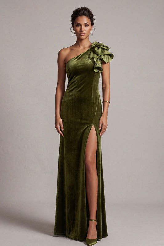 Olive Velvet Sheath One Shoulder Velvet Ruffled Long Holiday Party Dress with Slit