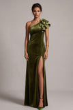 Olive Velvet Sheath One Shoulder Velvet Ruffled Long Holiday Party Dress with Slit