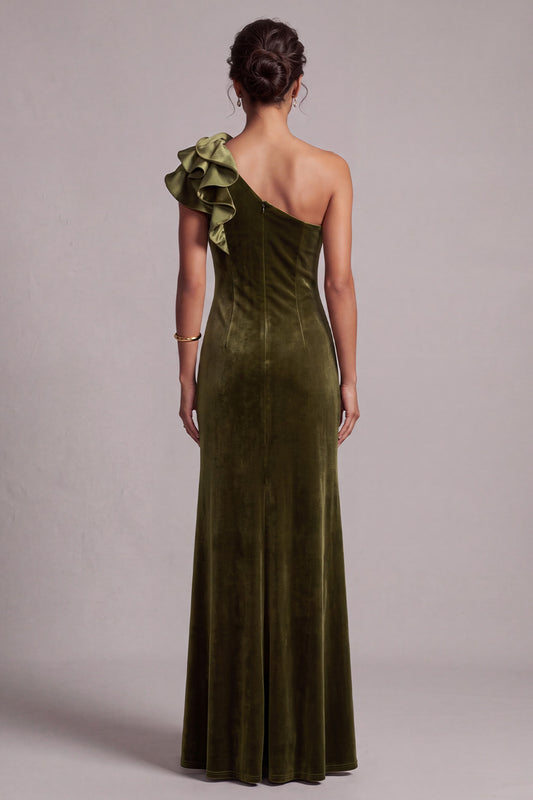 Olive Velvet Sheath One Shoulder Velvet Ruffled Long Holiday Party Dress with Slit