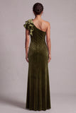 Olive Velvet Sheath One Shoulder Velvet Ruffled Long Holiday Party Dress with Slit