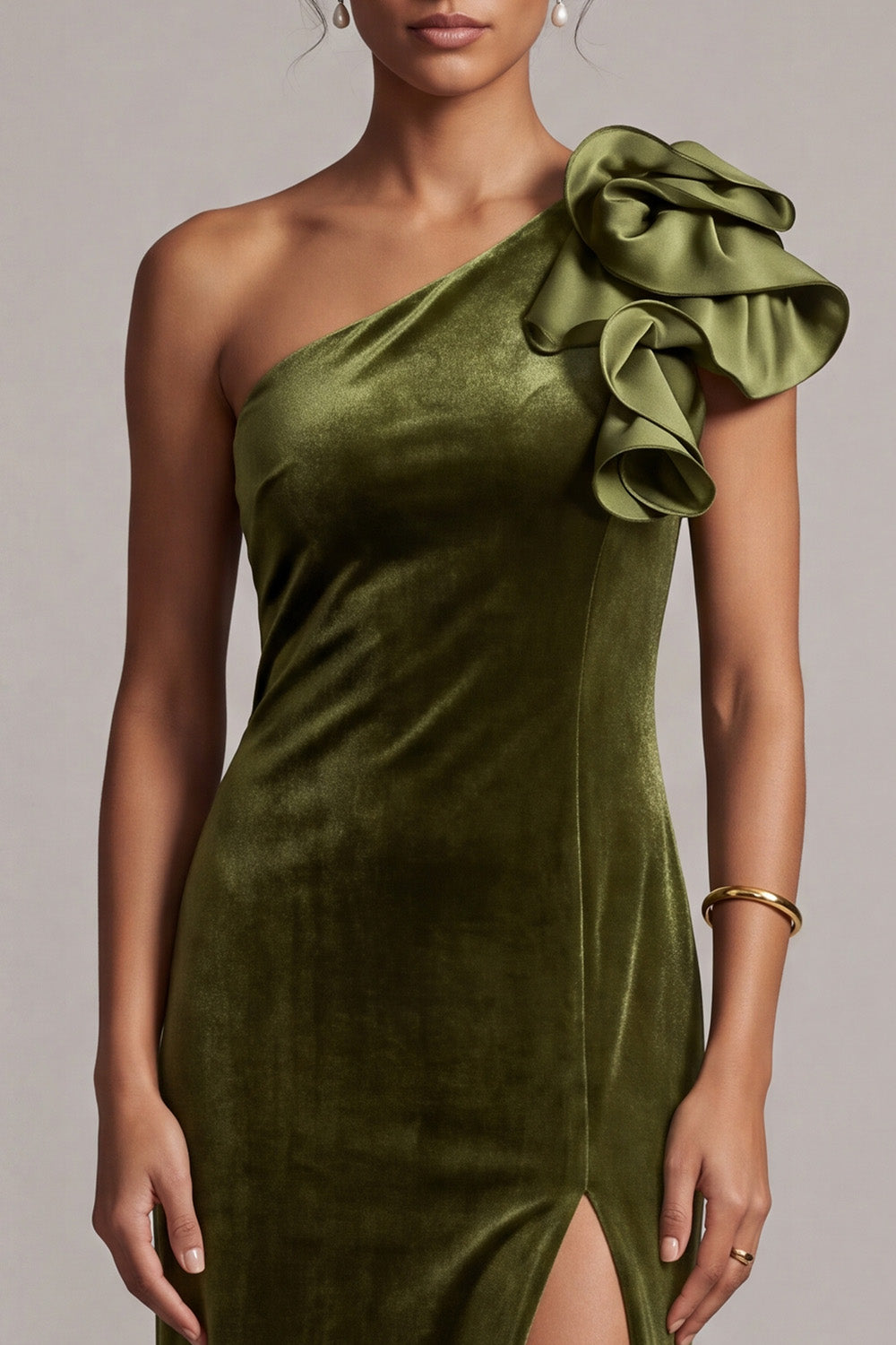 Olive Velvet Sheath One Shoulder Velvet Ruffled Long Holiday Party Dress with Slit