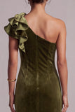 Olive Velvet Sheath One Shoulder Velvet Ruffled Long Holiday Party Dress with Slit