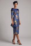 Royal Blue Bodycon Off the Shoulder Jacquard Midi Mother of the Bride Dress with Sleeves