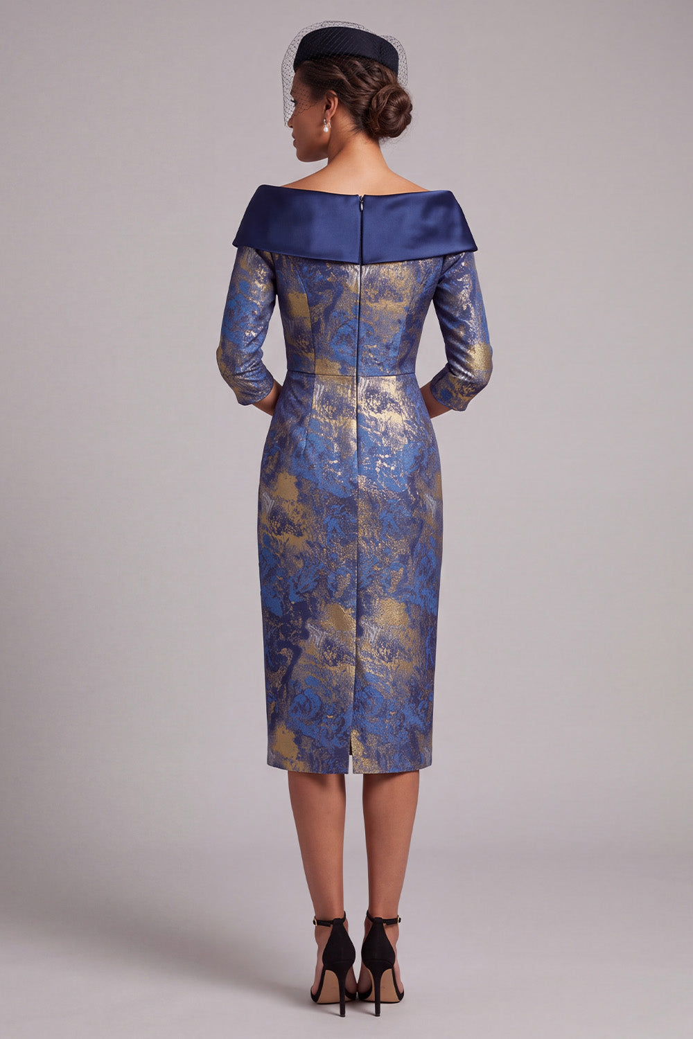 Royal Blue Bodycon Off the Shoulder Jacquard Midi Mother of the Bride Dress with Sleeves