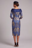 Royal Blue Bodycon Off the Shoulder Jacquard Midi Mother of the Bride Dress with Sleeves