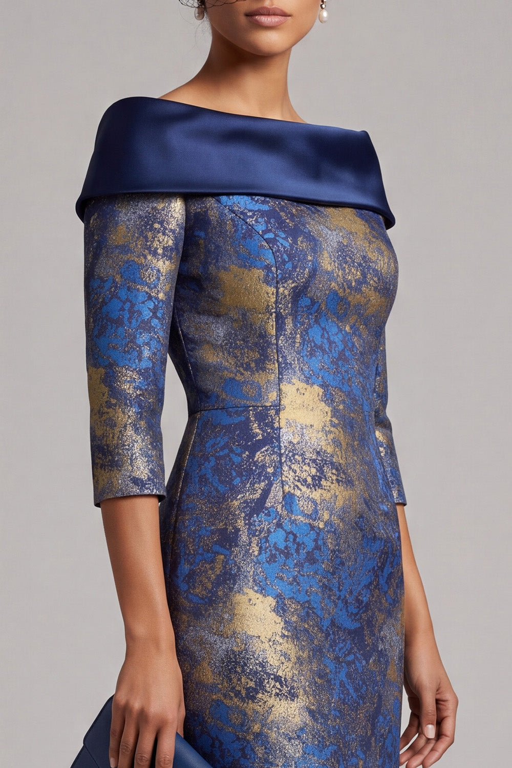 Royal Blue Bodycon Off the Shoulder Jacquard Midi Mother of the Bride Dress with Sleeves