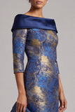 Royal Blue Bodycon Off the Shoulder Jacquard Midi Mother of the Bride Dress with Sleeves