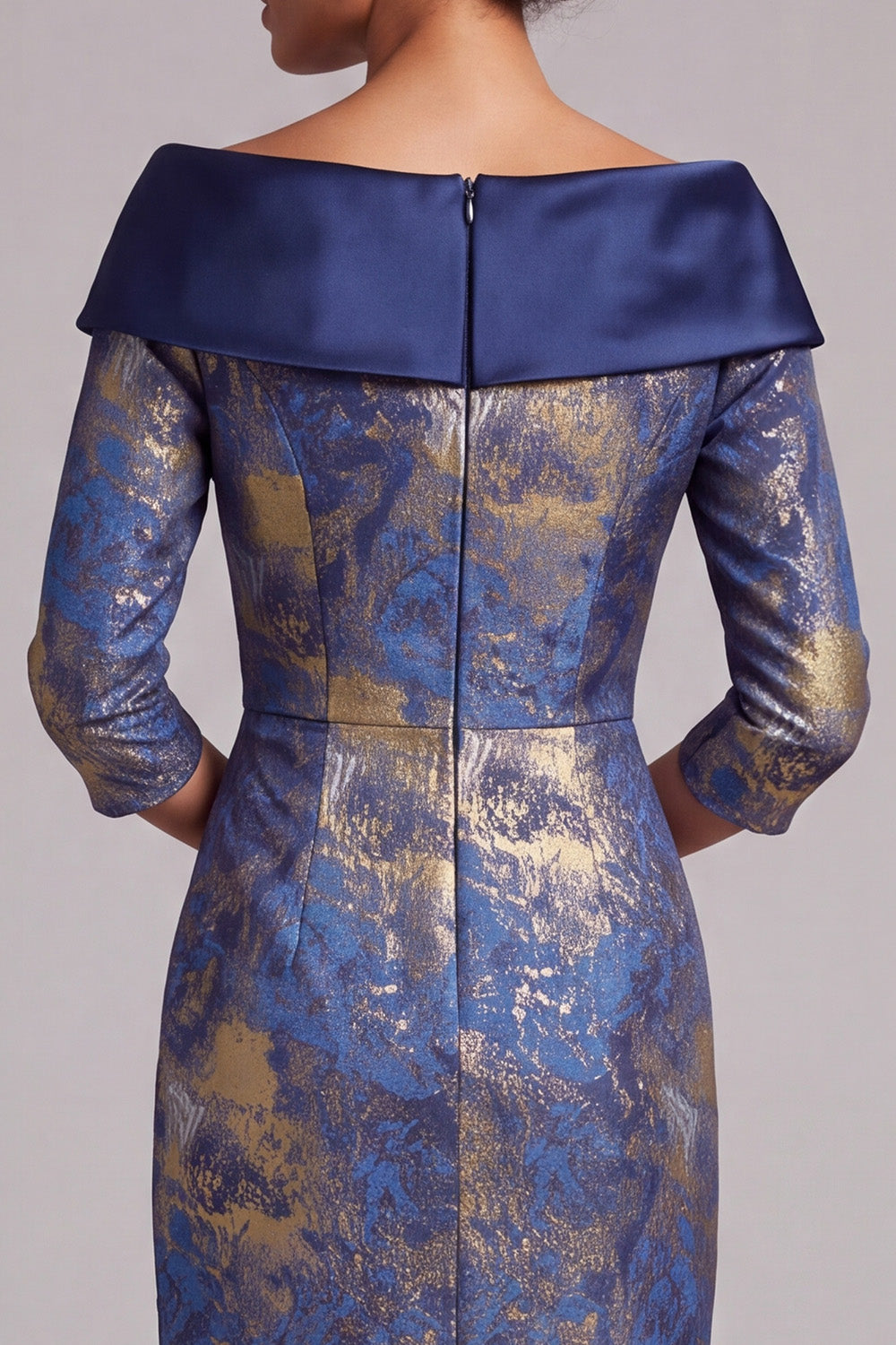 Royal Blue Bodycon Off the Shoulder Jacquard Midi Mother of the Bride Dress with Sleeves