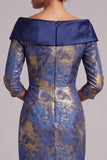 Royal Blue Bodycon Off the Shoulder Jacquard Midi Mother of the Bride Dress with Sleeves