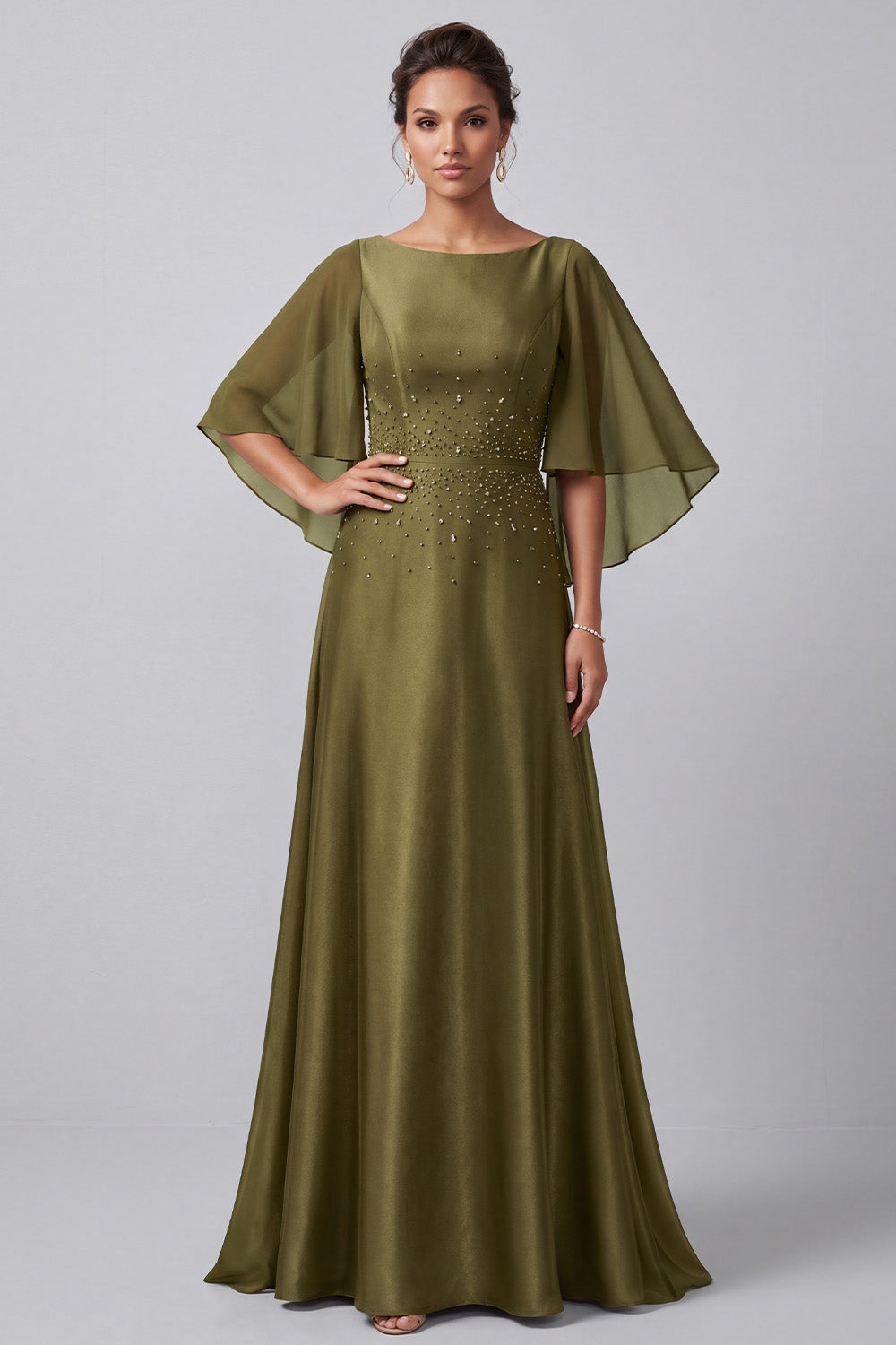 Olive A-Line Boat Neck Satin Beaded Long Mother of the Bride Dress with Sleeves