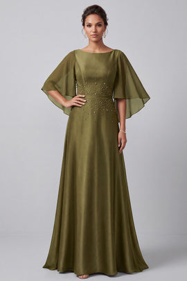 Olive A-Line Boat Neck Satin Beaded Long Mother of the Bride Dress with Sleeves