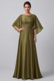 Olive A-Line Boat Neck Satin Beaded Long Mother of the Bride Dress with Sleeves