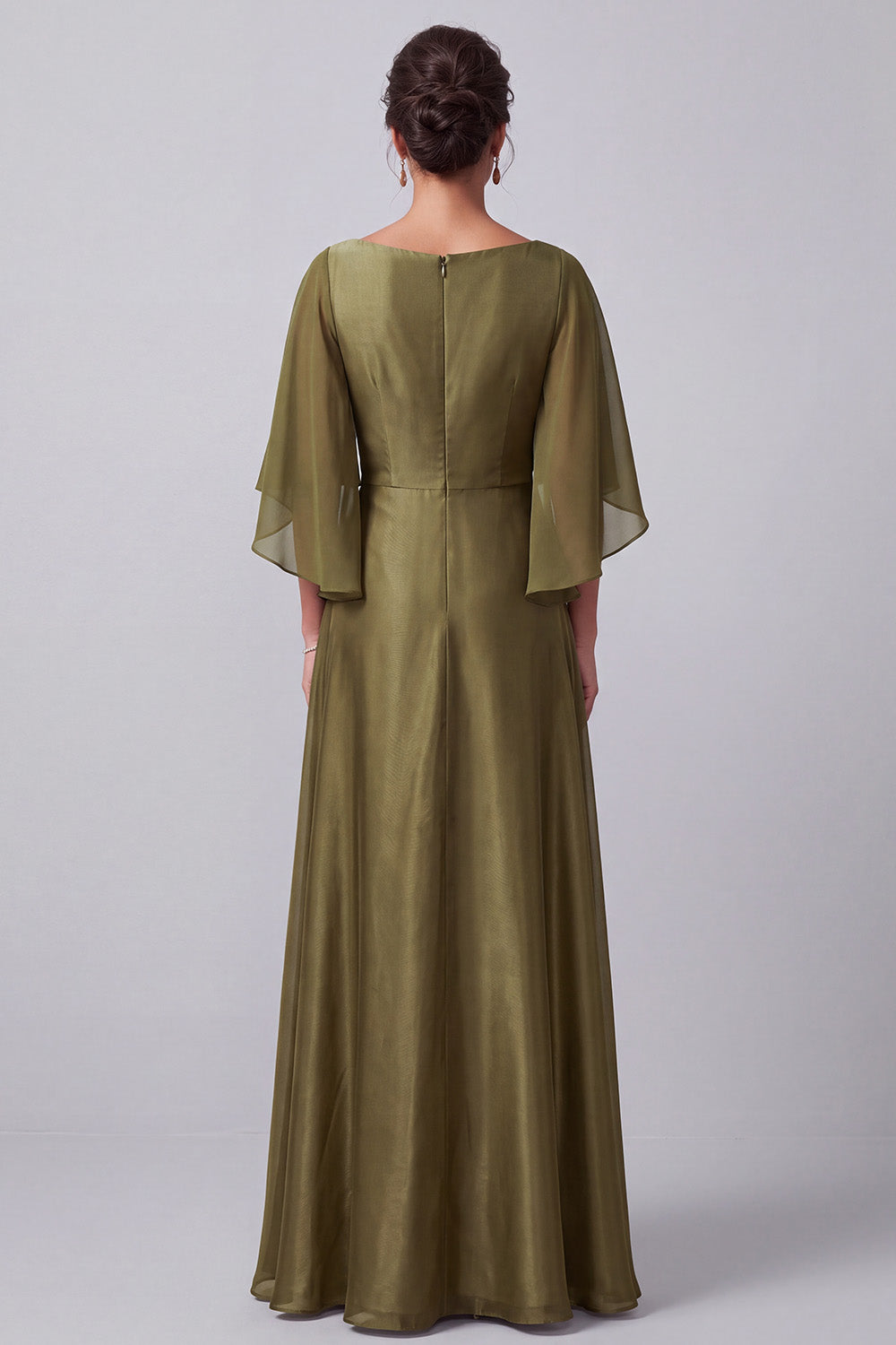 Olive A-Line Boat Neck Satin Beaded Long Mother of the Bride Dress with Sleeves