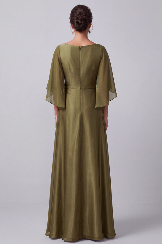 Olive A-Line Boat Neck Satin Beaded Long Mother of the Bride Dress with Sleeves