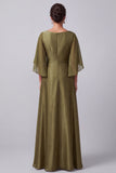 Olive A-Line Boat Neck Satin Beaded Long Mother of the Bride Dress with Sleeves