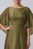 Olive A-Line Boat Neck Satin Beaded Long Mother of the Bride Dress with Sleeves