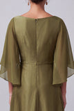 Olive A-Line Boat Neck Satin Beaded Long Mother of the Bride Dress with Sleeves