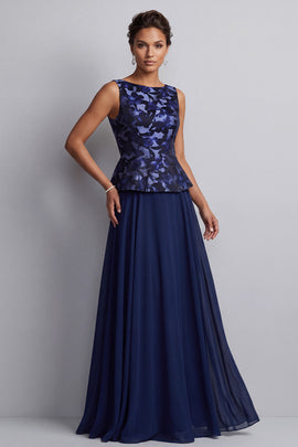 Navy A-Line Boat Neck Floral Chiffon Long Mother of the Bride Dress
