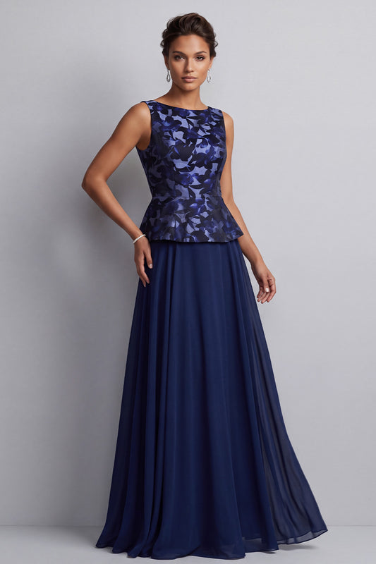 Navy A-Line Boat Neck Floral Chiffon Long Mother of the Bride Dress
