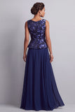 Navy A-Line Boat Neck Floral Chiffon Long Mother of the Bride Dress