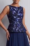 Navy A-Line Boat Neck Floral Chiffon Long Mother of the Bride Dress