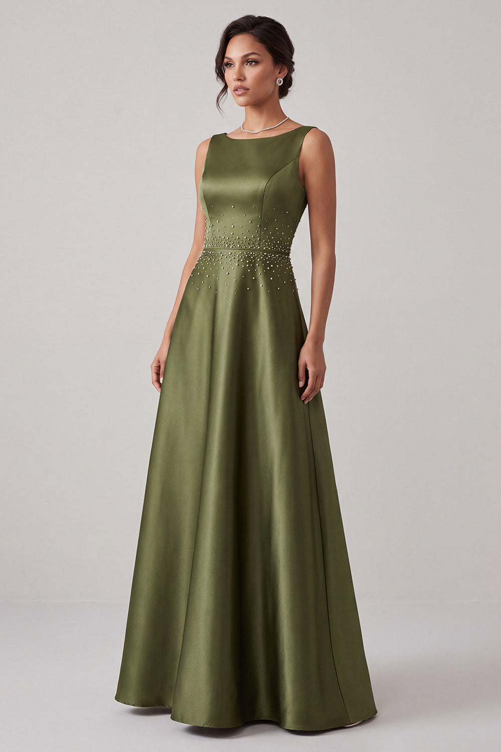 Simple Olive A-Line Boat Neck Beaded Satin Long Formal Dress