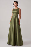 Simple Olive A-Line Boat Neck Beaded Satin Long Formal Dress