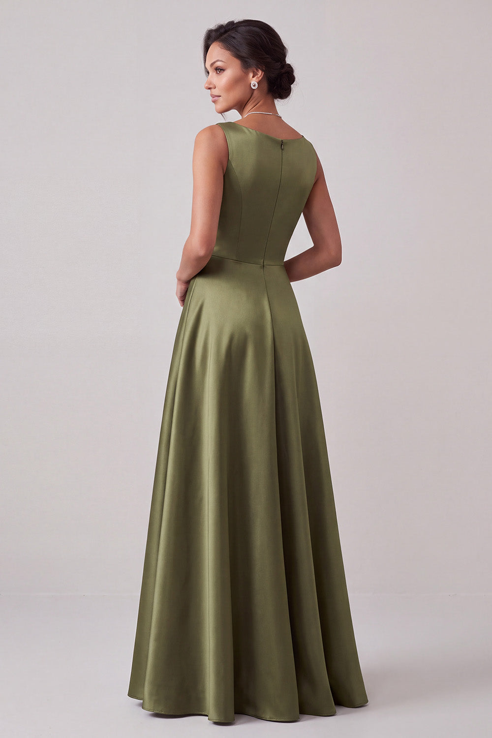 Simple Olive A-Line Boat Neck Beaded Satin Long Formal Dress