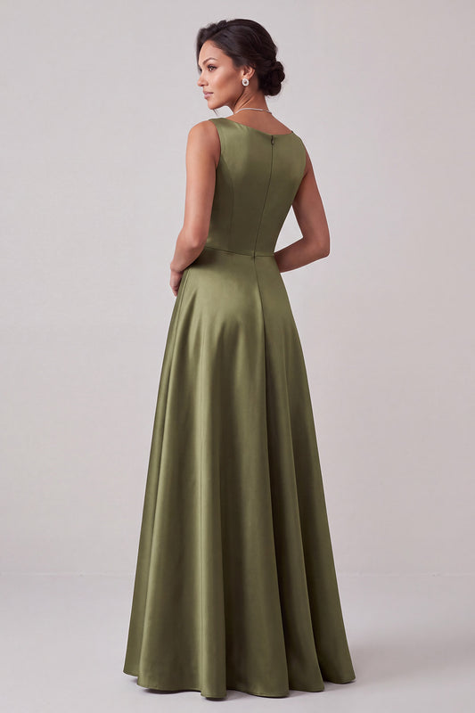 Simple Olive A-Line Boat Neck Beaded Satin Long Formal Dress