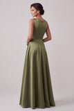 Simple Olive A-Line Boat Neck Beaded Satin Long Formal Dress