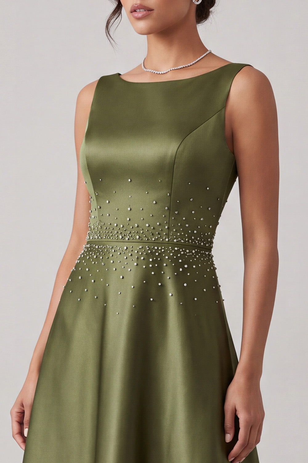 Simple Olive A-Line Boat Neck Beaded Satin Long Formal Dress