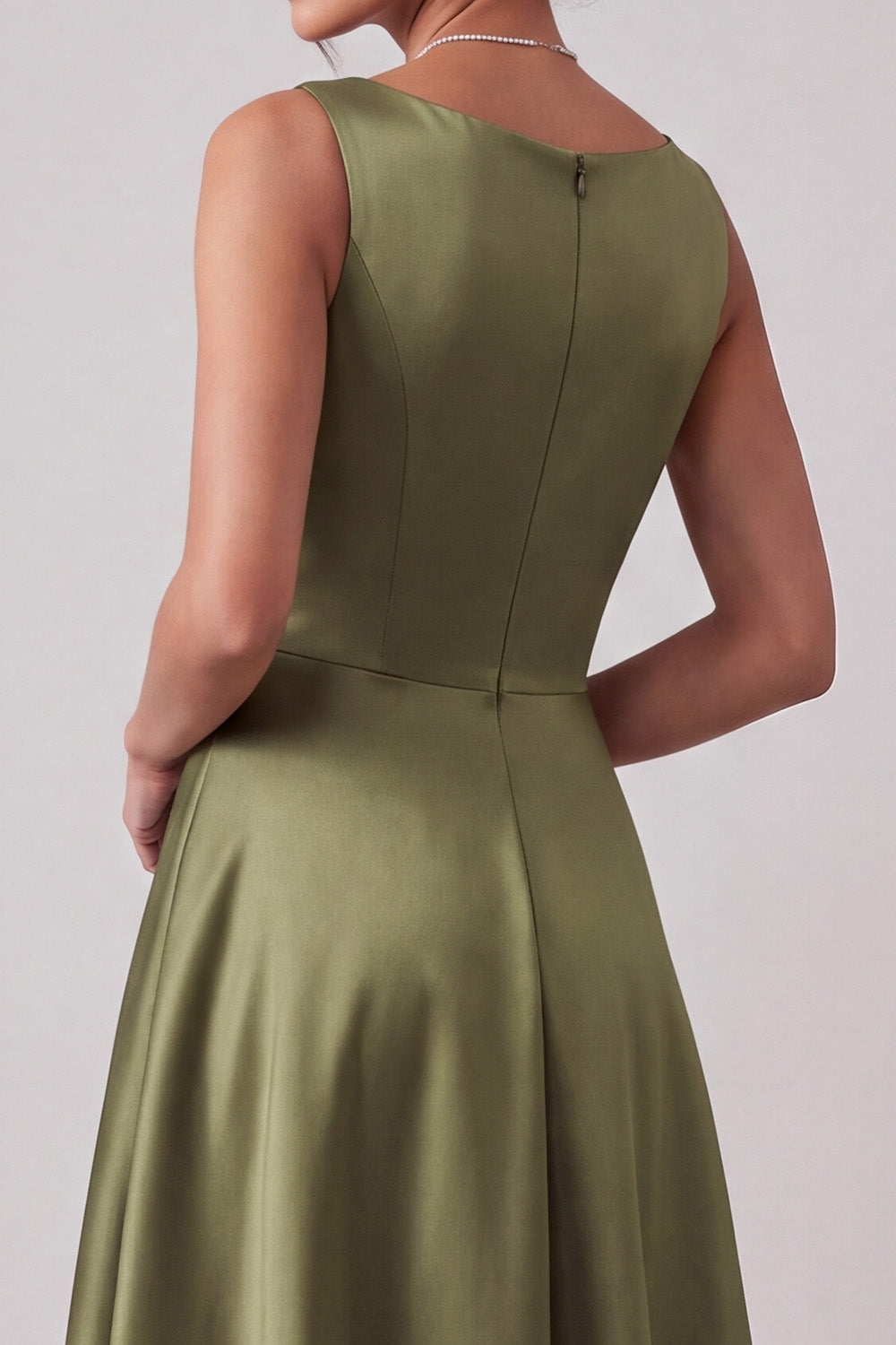 Simple Olive A-Line Boat Neck Beaded Satin Long Formal Dress