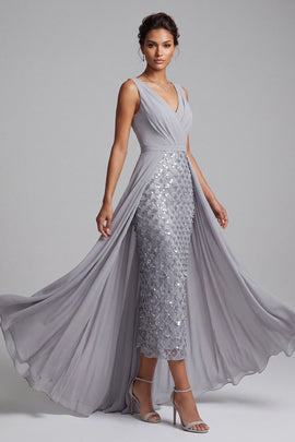 Sparkly Light Grey Ruched Plaid Sequins Chiffon V-Neck Midi Mother of the Bride Dress with Cape