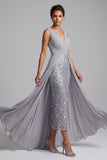 Sparkly Light Grey Ruched Plaid Sequins Chiffon V-Neck Midi Mother of the Bride Dress with Cape