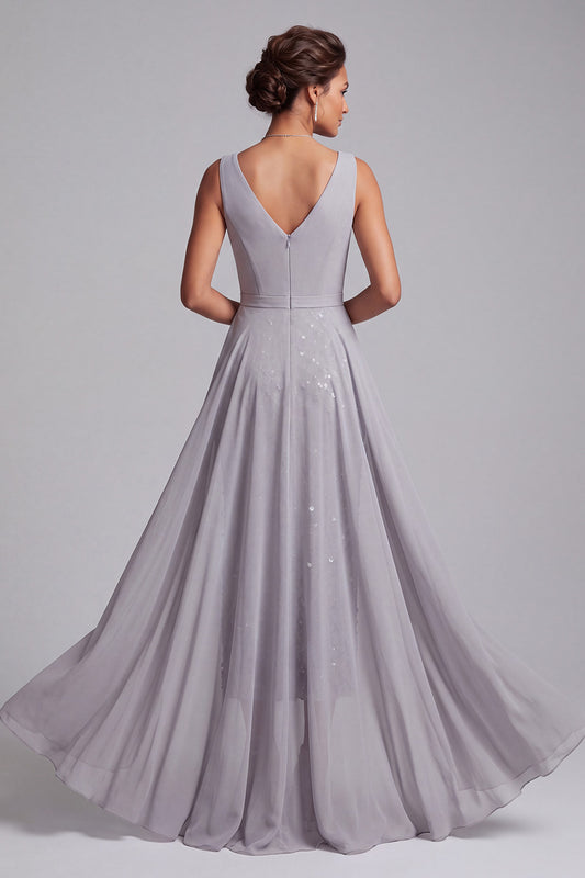 Sparkly Light Grey Ruched Plaid Sequins Chiffon V-Neck Midi Mother of the Bride Dress with Cape