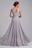 Sparkly Light Grey Ruched Plaid Sequins Chiffon V-Neck Midi Mother of the Bride Dress with Cape