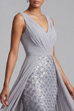 Sparkly Light Grey Ruched Plaid Sequins Chiffon V-Neck Midi Mother of the Bride Dress with Cape