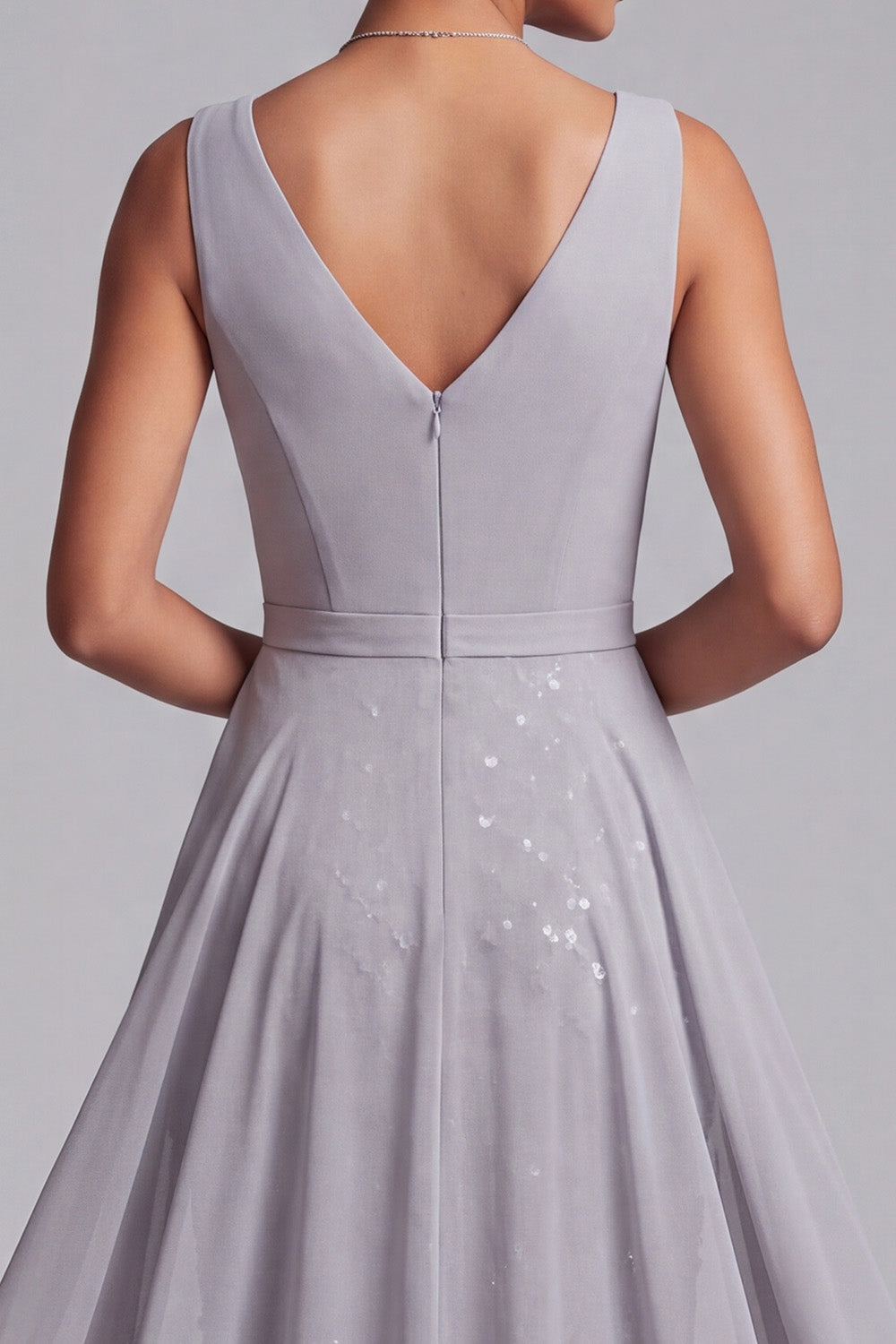 Sparkly Light Grey Ruched Plaid Sequins Chiffon V-Neck Midi Mother of the Bride Dress with Cape