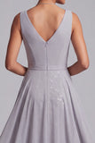 Sparkly Light Grey Ruched Plaid Sequins Chiffon V-Neck Midi Mother of the Bride Dress with Cape