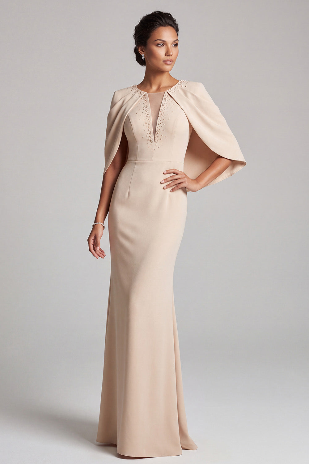 Champagne Mermaid Beaded Illusion V-Neck Long Mother of the Bride Dress with Cape
