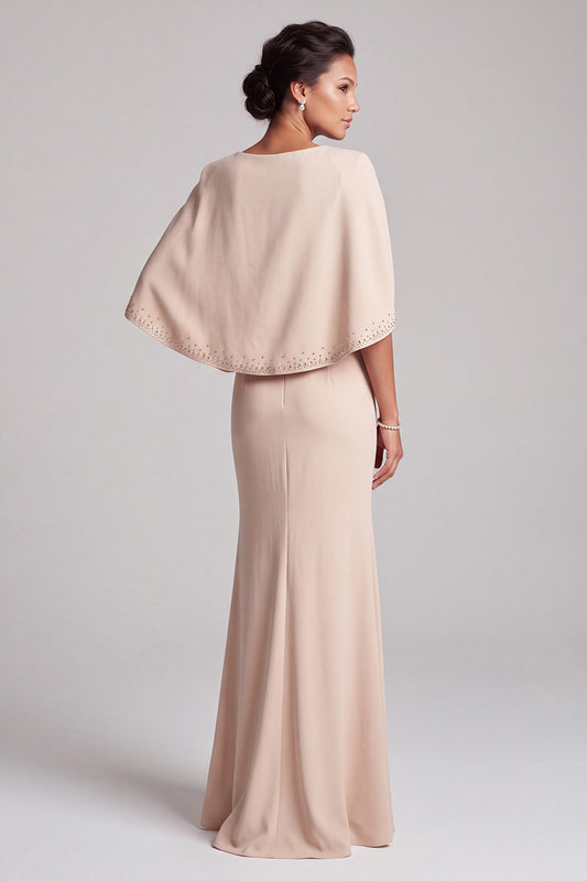 Champagne Mermaid Beaded Illusion V-Neck Long Mother of the Bride Dress with Cape