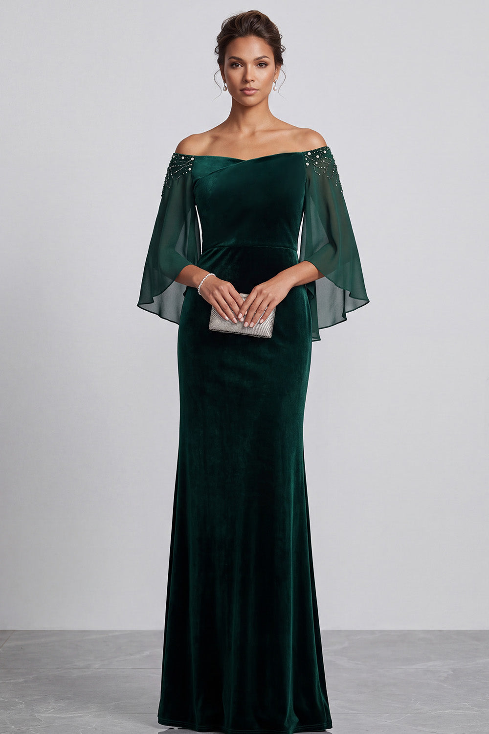 Dark Green Mermaid Beaded Velvet Off the Shoulder Long Mother of the Bride Dress with Sleeves