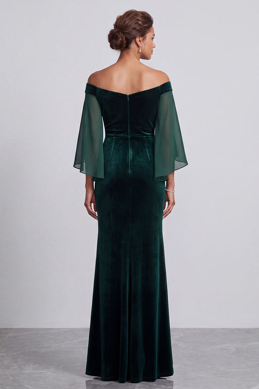 Dark Green Mermaid Beaded Velvet Off the Shoulder Long Mother of the Bride Dress with Sleeves