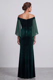 Dark Green Mermaid Beaded Velvet Off the Shoulder Long Mother of the Bride Dress with Sleeves