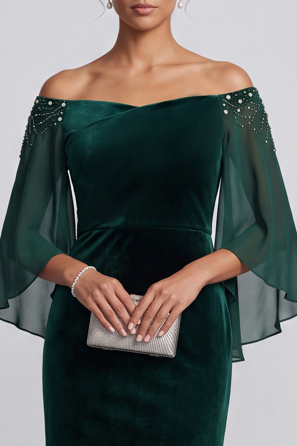 Dark Green Mermaid Beaded Velvet Off the Shoulder Long Mother of the Bride Dress with Sleeves